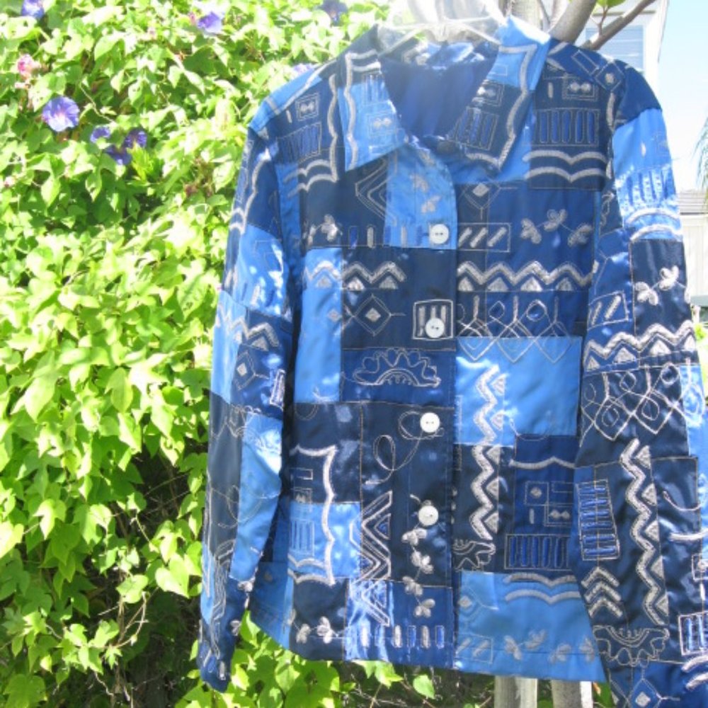 Blue Patchwork Embroidered Lightweight Jacket - image 2